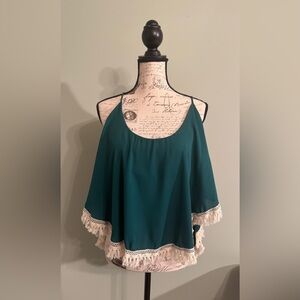 Women’s Teal Sleeveless Boho Crochet Fringe Hem Top Size Large
